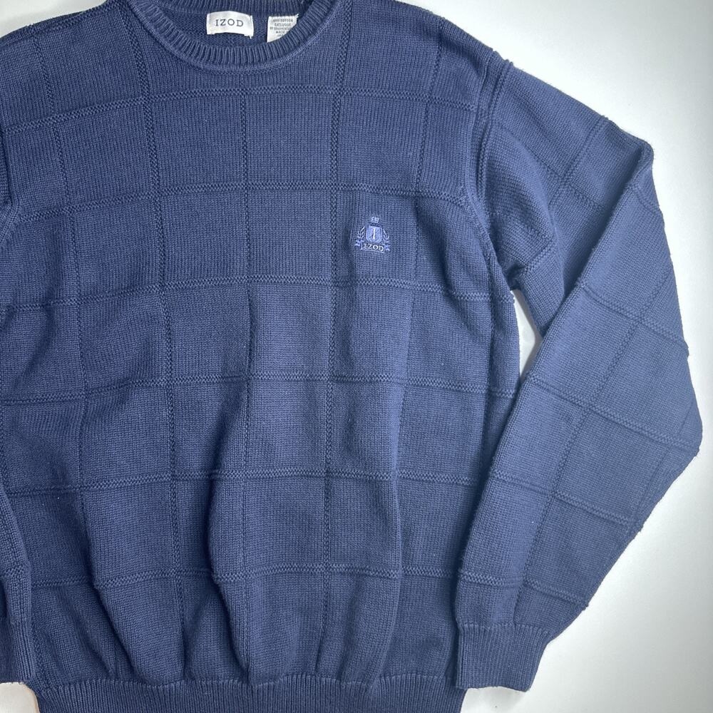 Vintage IZOD Sweater Mens Medium Navy Blue Textured Knit Crewneck Fisherman 90s - Picture 4 of 9